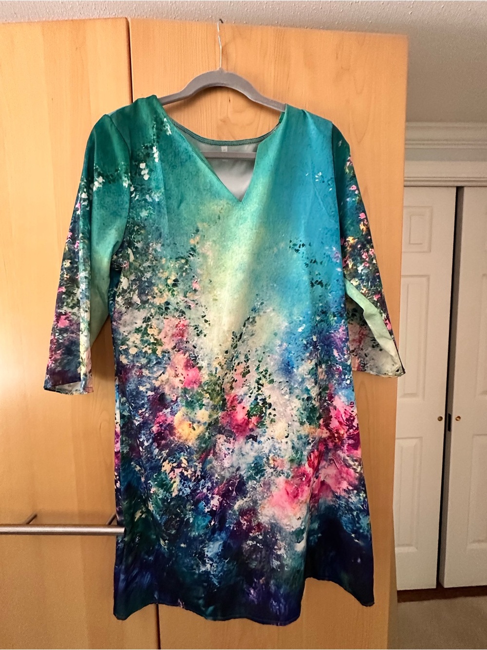 Vibrant Teal & Multicolor Watercolor Print Tunic Dress lightweight